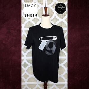 Shein Dazy Women's Black Safety Pin, Tag and 'g' w/Shoulder Pads T-Shirt Size S